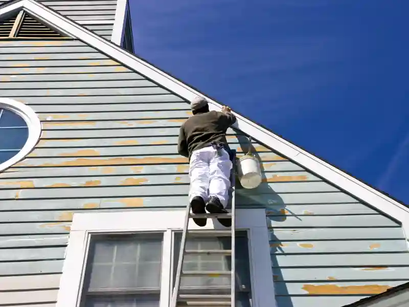 A contractor or painter on a ladder doing exterior paint work.