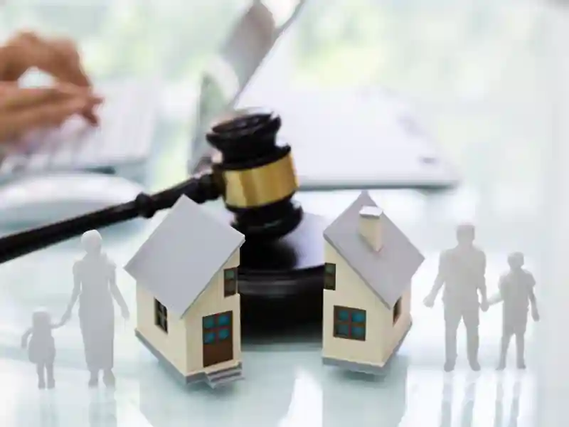 Split wooden home with parents and children on both sides with a gavel in the background