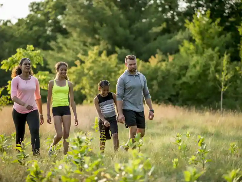 Family walking through the grass.