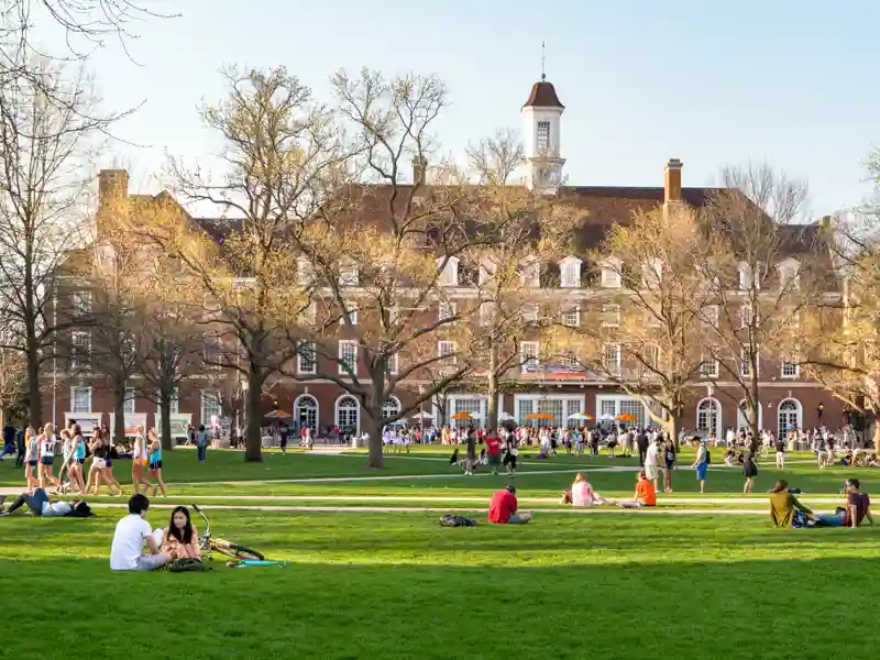 View of a college students studying outside on the lawn.