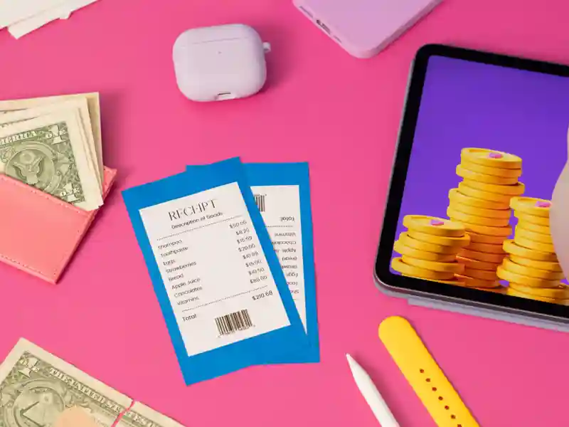 A receipt, dollar bills, a tablet with stacked coins, an AirPods case, watch strap, and a pen on a pink surface.