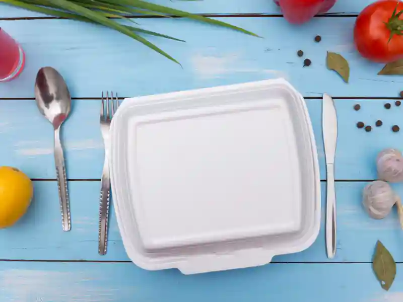 Overhead view of a fast food takeout container with silverware.