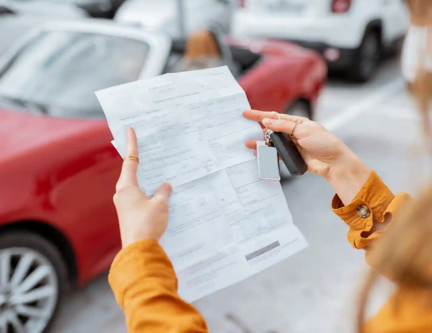 Person holding a car lease document and car keys.