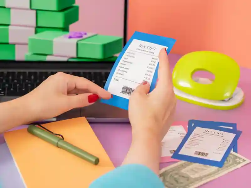 Person holding a receipt in front of a laptop with boxes, surrounded by a pen, notebook, and dollar bill.