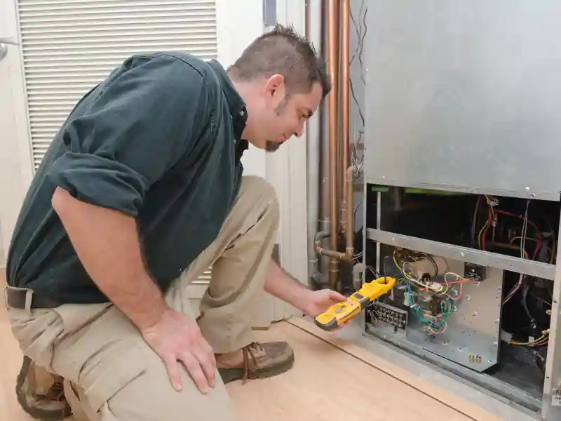 HVAC technician using a meter to check heat pump amperage.