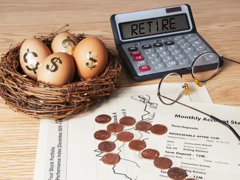 Mockup of a retirement nest egg with paperwork and a calculator.